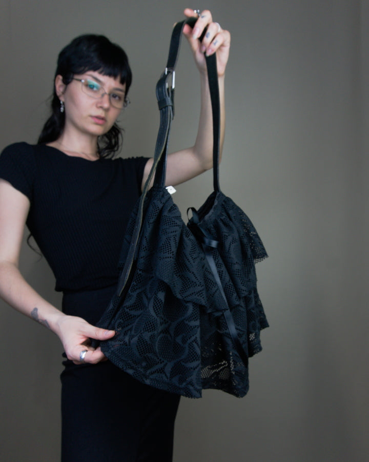 Black lace ruffled bag
